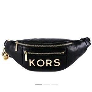 Michael Kors Large Logo Black Leather Sling Belt Bag Fanny Pack Gold Chain